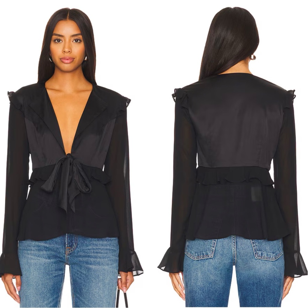 NWT Stone Cold Fox Tie Front Sheer Sleeves Black Blouse